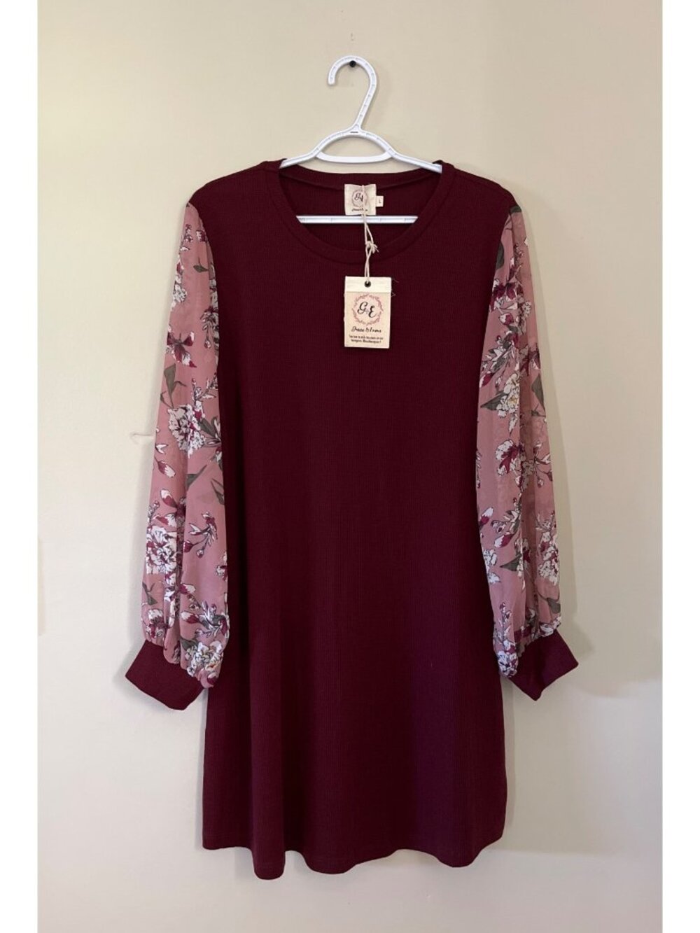 NWT Grace & Emma Womens Large Waffle Knit Dress With Floral Balloon Sleeves